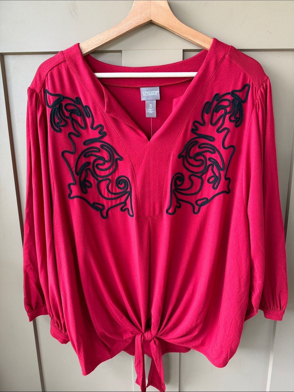 Chico's XL New w Tag Red V-Neck Tie-Front Blouse with Black Embroidery